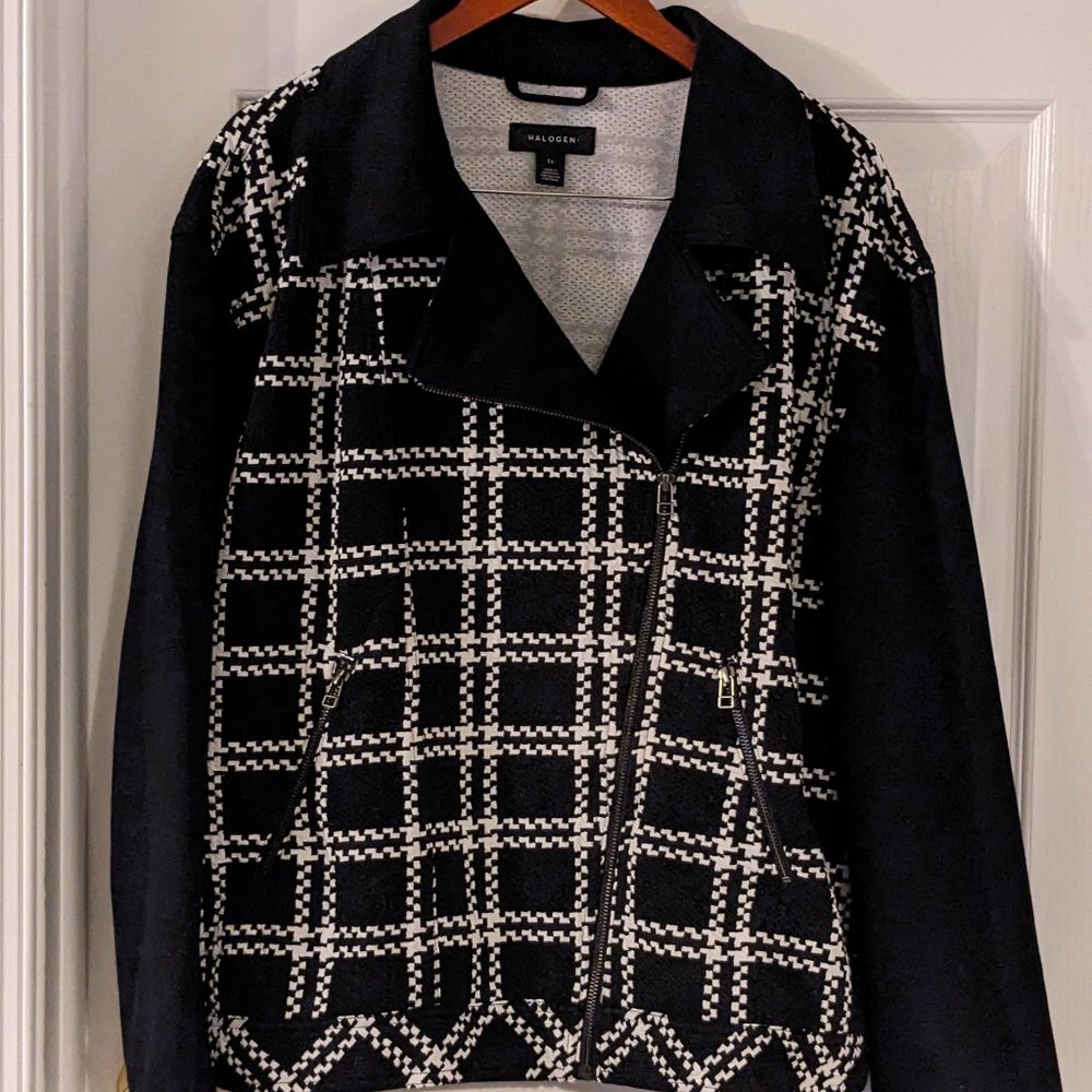 NWT Halogen Windowpane Moto Jacket, Black/White, 1X Plus Size